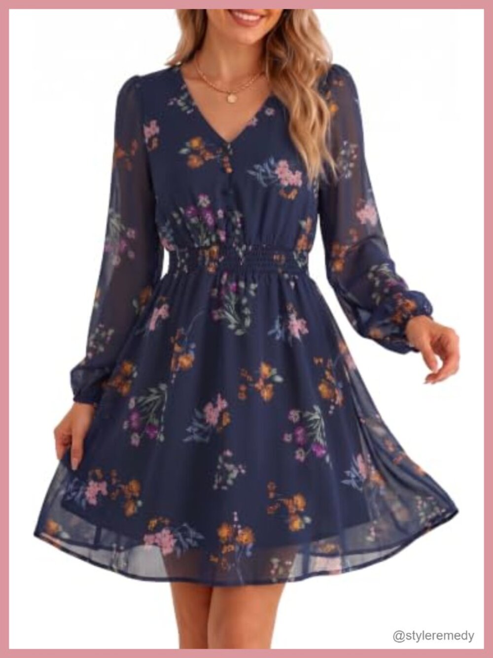 Womens Floral Mini Dress V Neck Long Sleeve Chiffon A Line